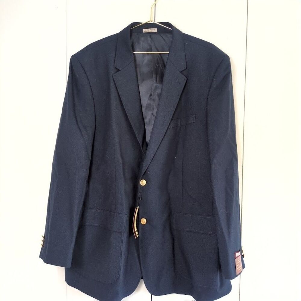NEW Louis Martin Blazer Men 46L Navy Blue Gold Shield Button Wool Poly Hopsack